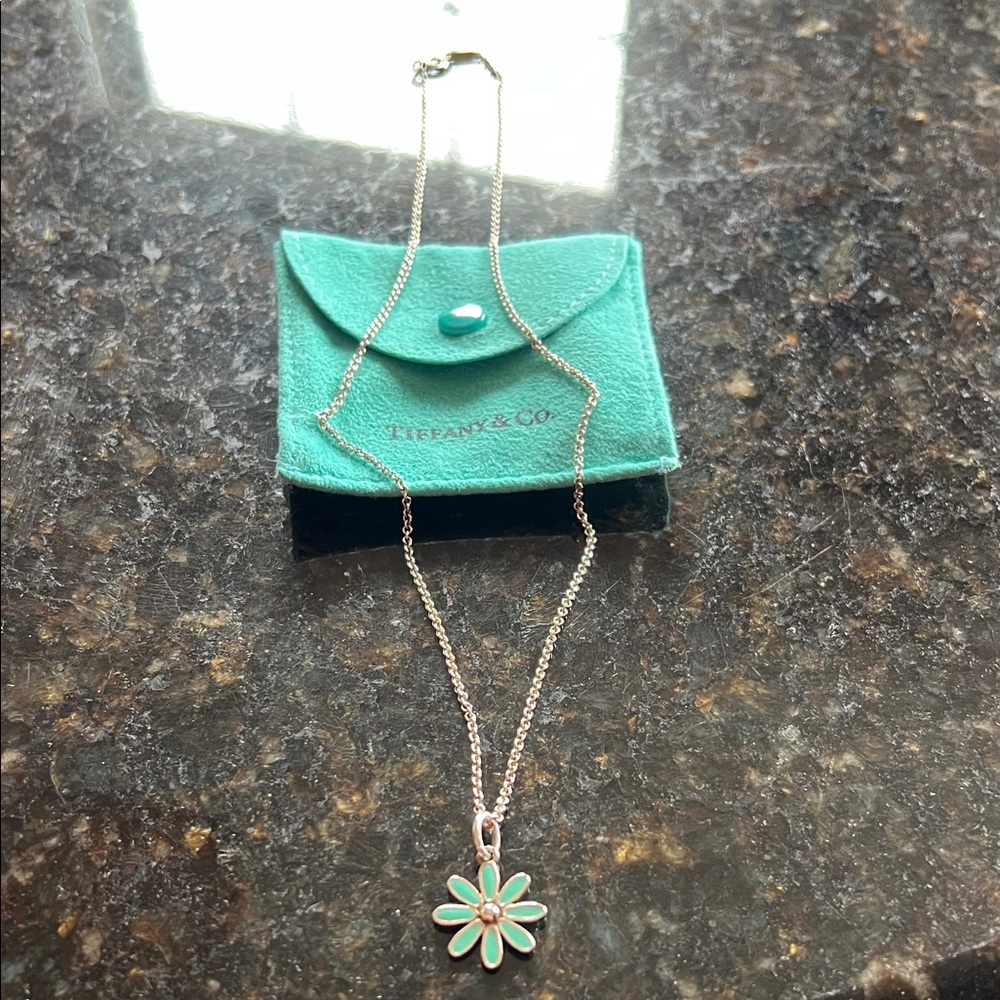 Auth Tiffany & Co. Silver Daisy Necklace with Blue. Rare find. 18 inches